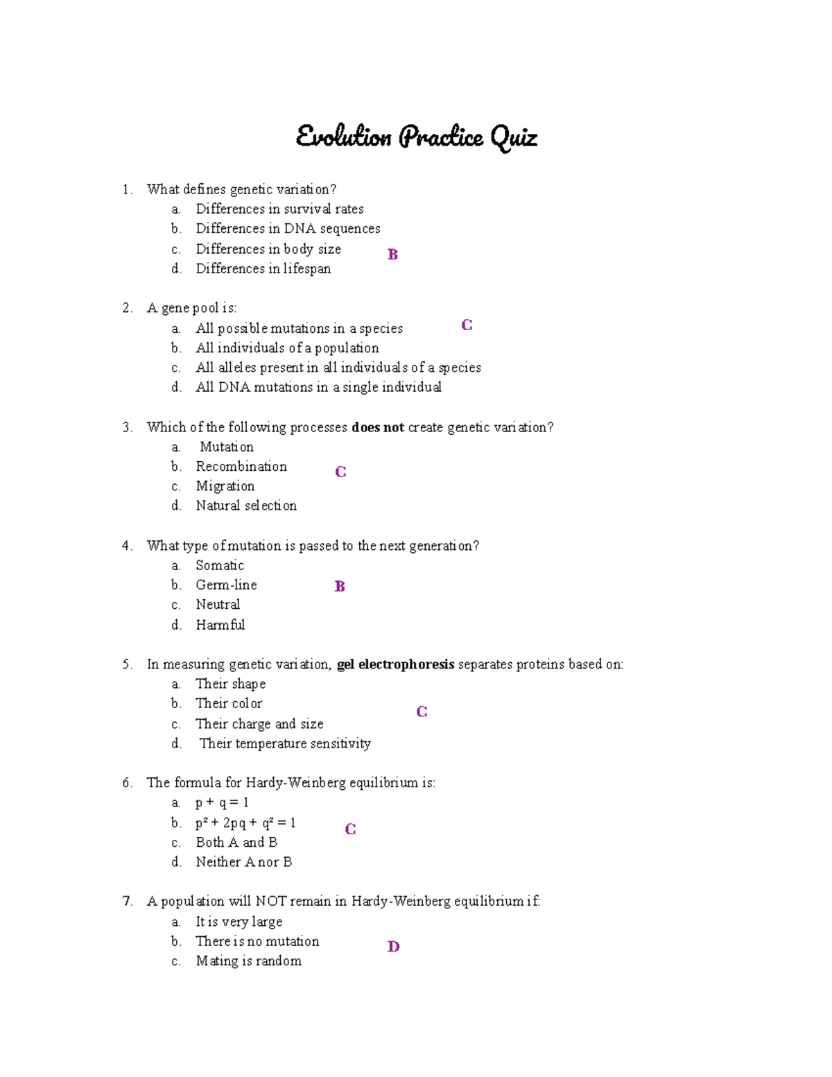 Chapter 20 Evolution Quiz: Key Concepts & Answers - Studocu