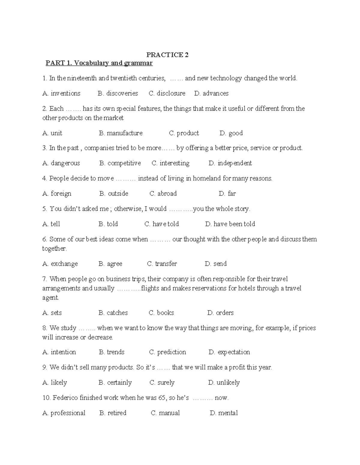 Practice 2 - Vocabulary & Grammar Exercises for Language Learning - Studocu