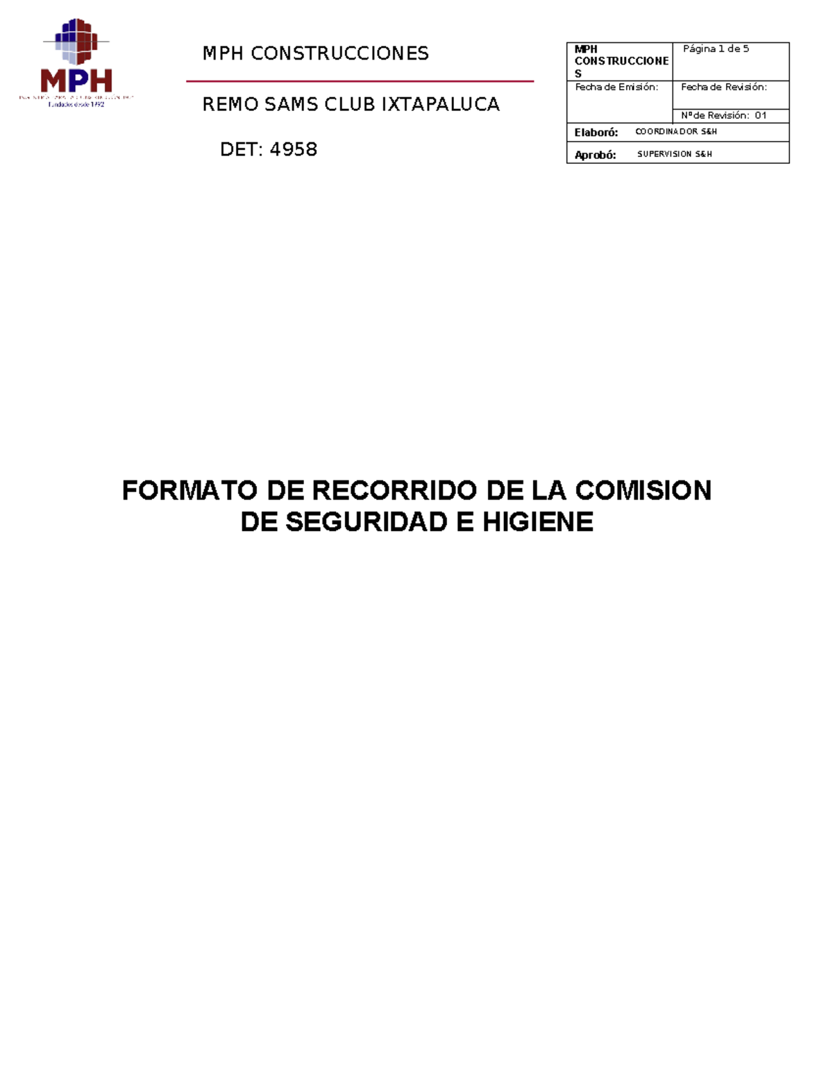 Formato de Recorrido de Seguridad e Higiene - MPH 4958 - Document Preview