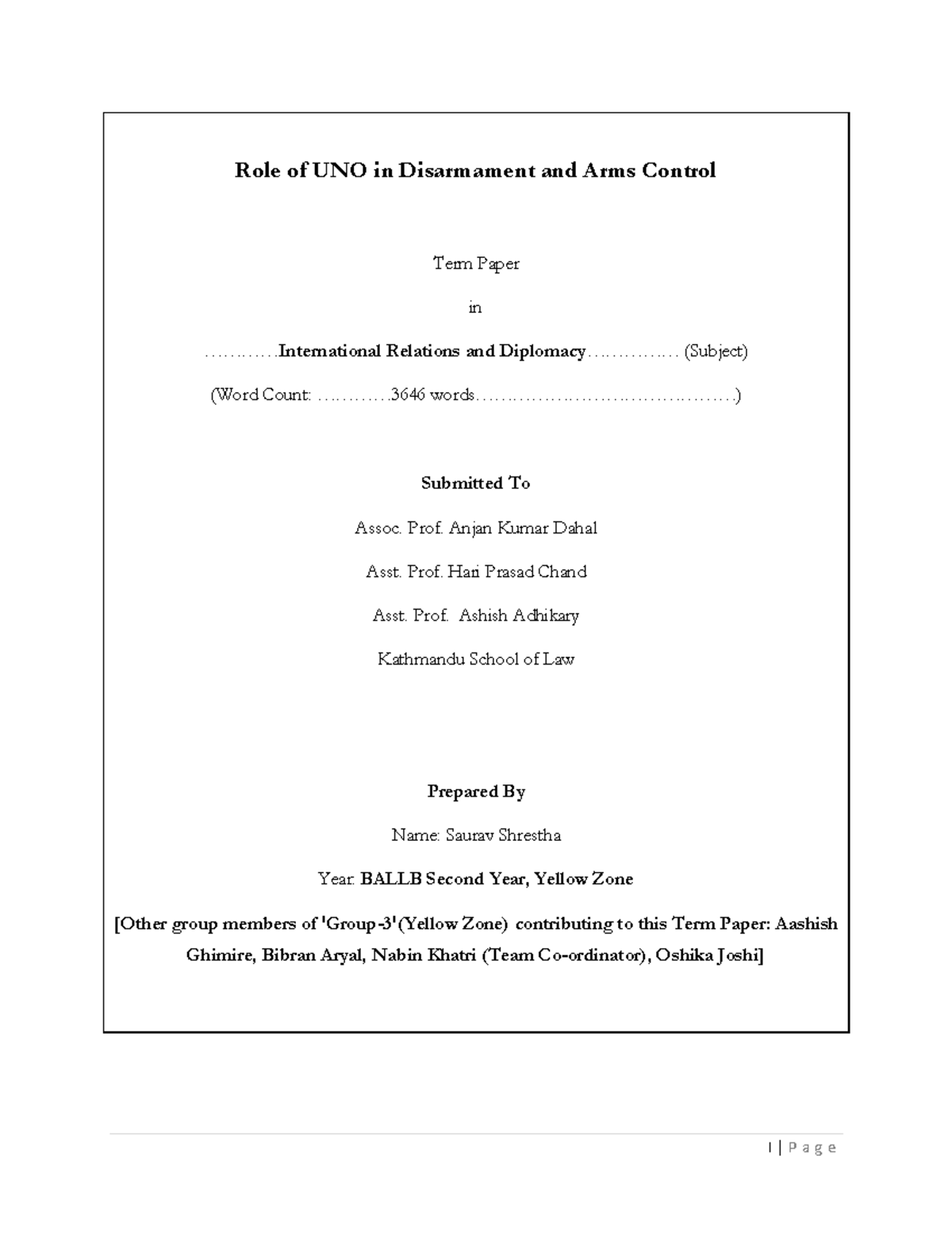 Role of UNO in Disarmament & Arms Control - Term Paper (INTL 202) - Studocu