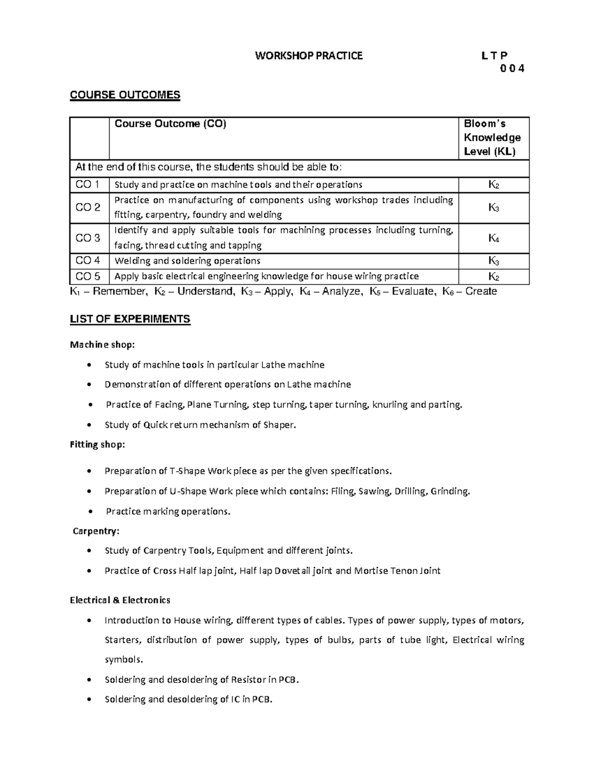 Workshop Practice LTP 004: Course Outcomes & Experiment Overview - Studocu