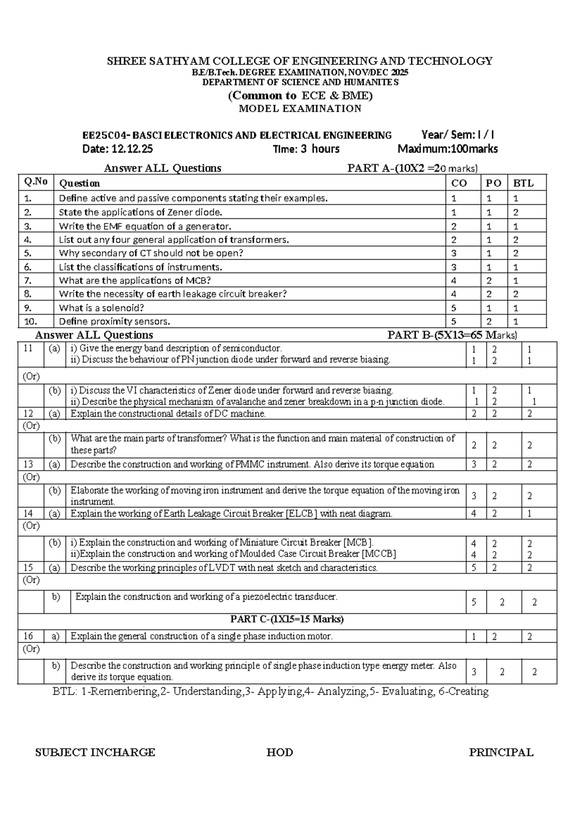 I Year BEEE Model Exam Questions - ECE 2025 - Studocu