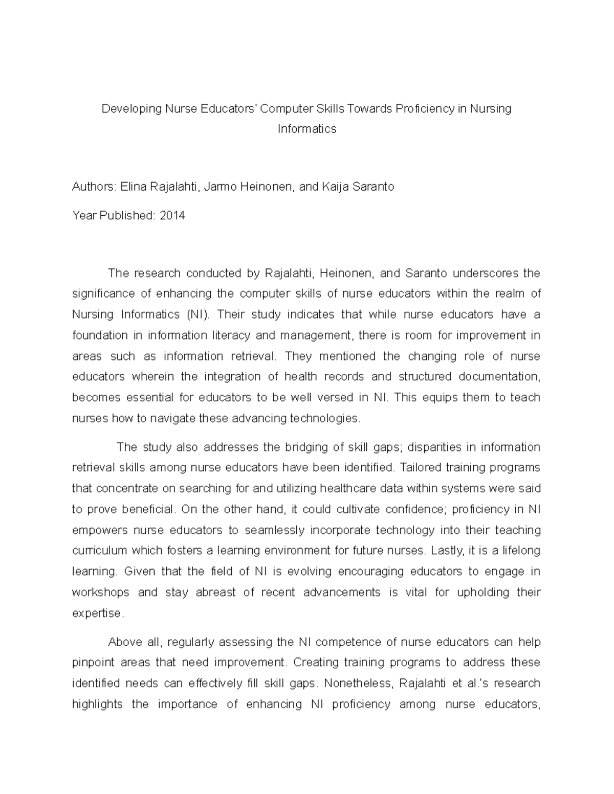Journal - Summary Nursing Informatics for the Advanced Practice Nurse ...