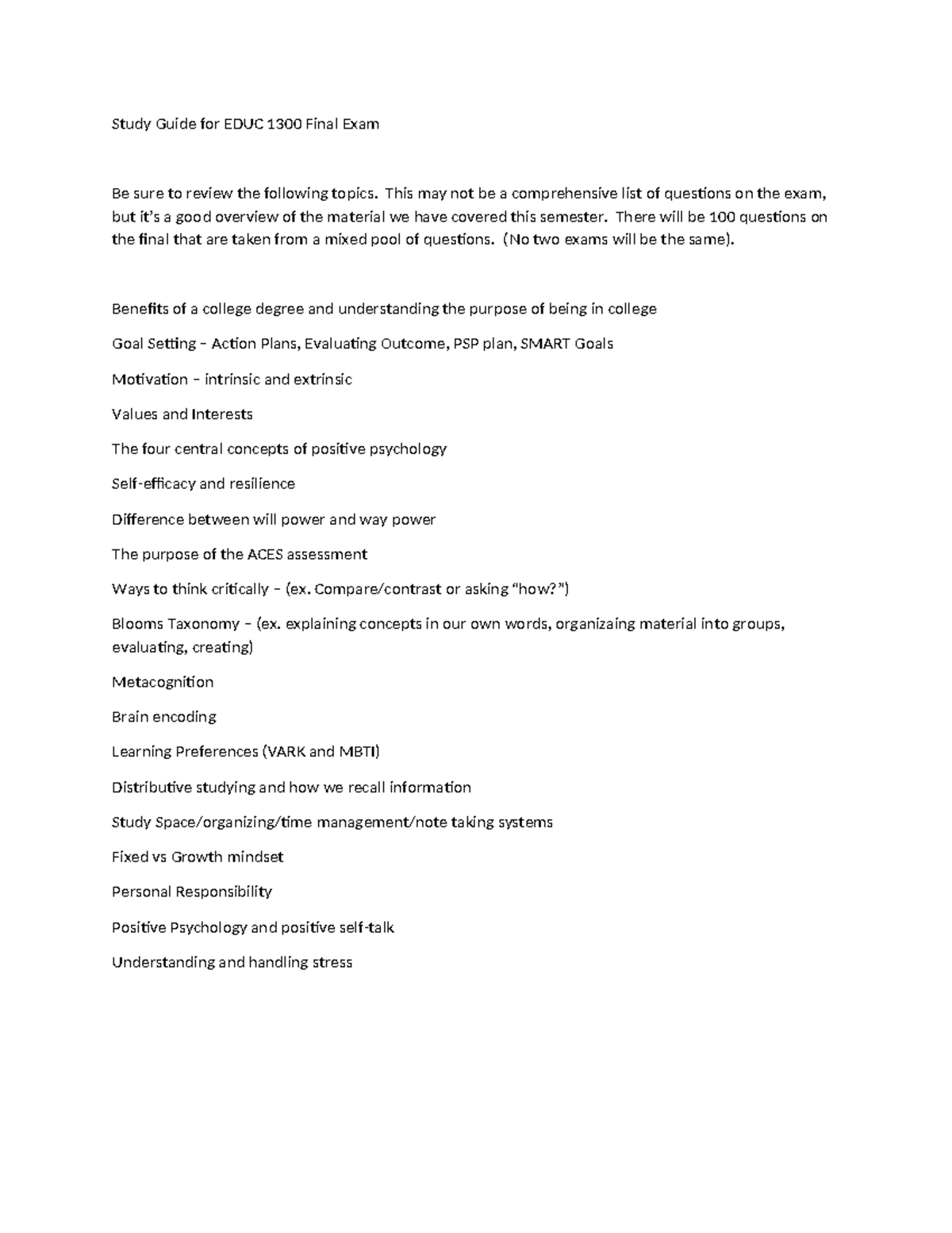 EDUC 1300 Final Exam Study Guide: Key Topics Review - Studocu