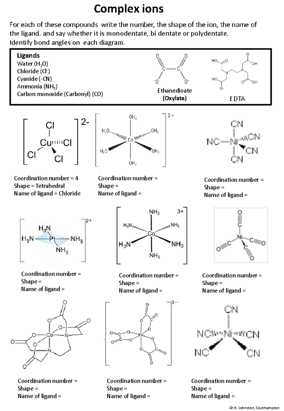 Complex ions worksheet - Complex ions For each of these compounds write ...