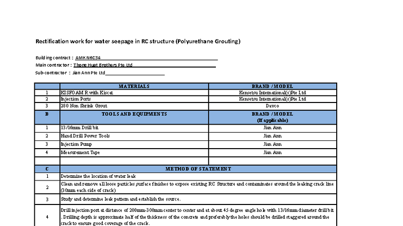 MOS for Water Seepage Rectification (PU Injection) - AMK N6C34 - Studocu