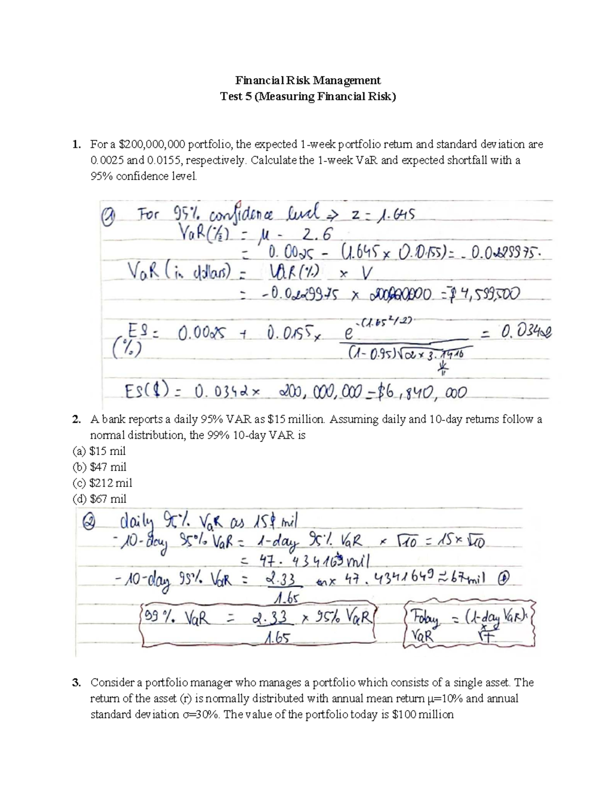 Financial Risk Management Test 5 Key (Measuring Financial Risk) - Studocu