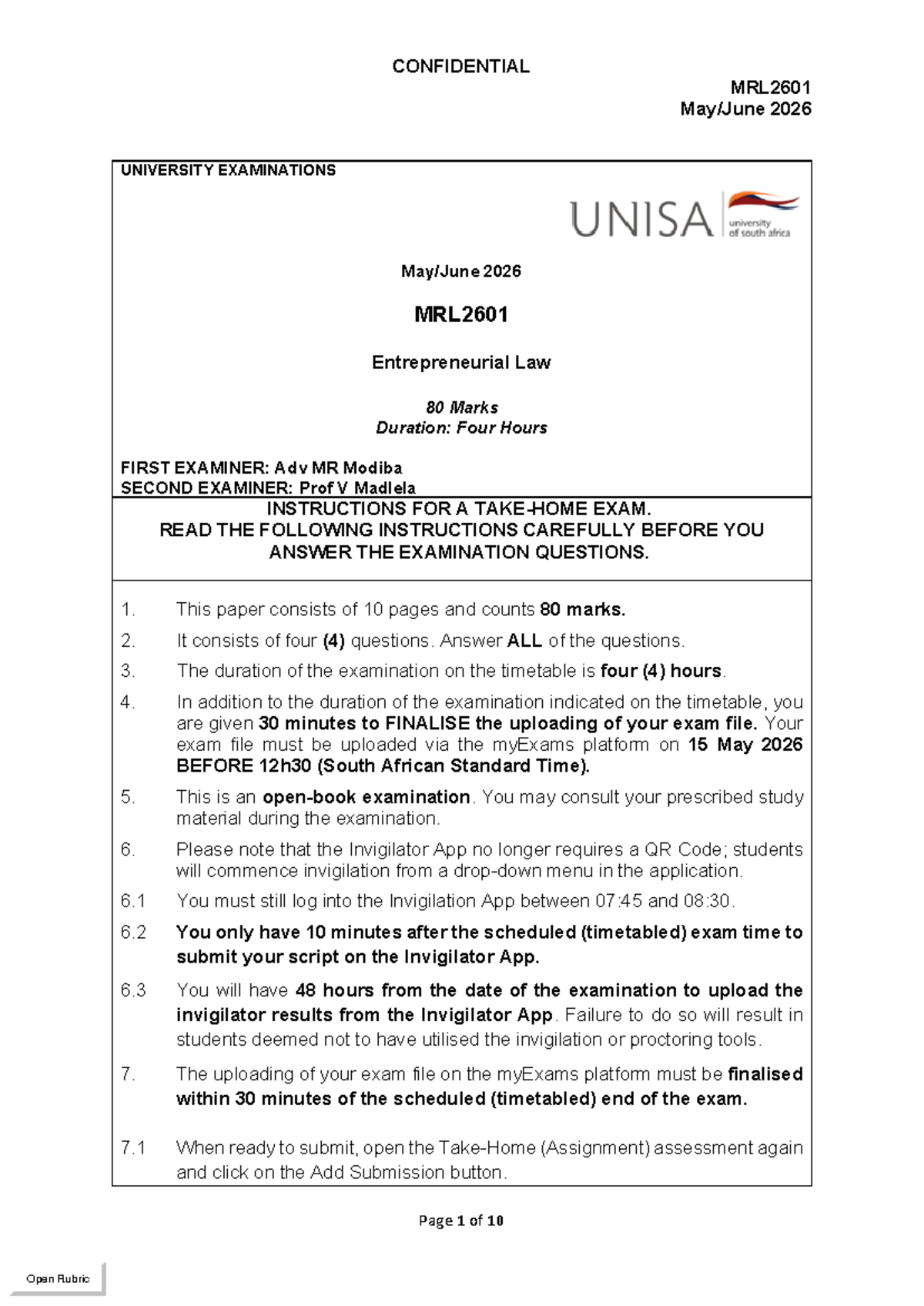 MRL2601 Final Exam Instructions and Questions - May/June 2026 - Studocu
