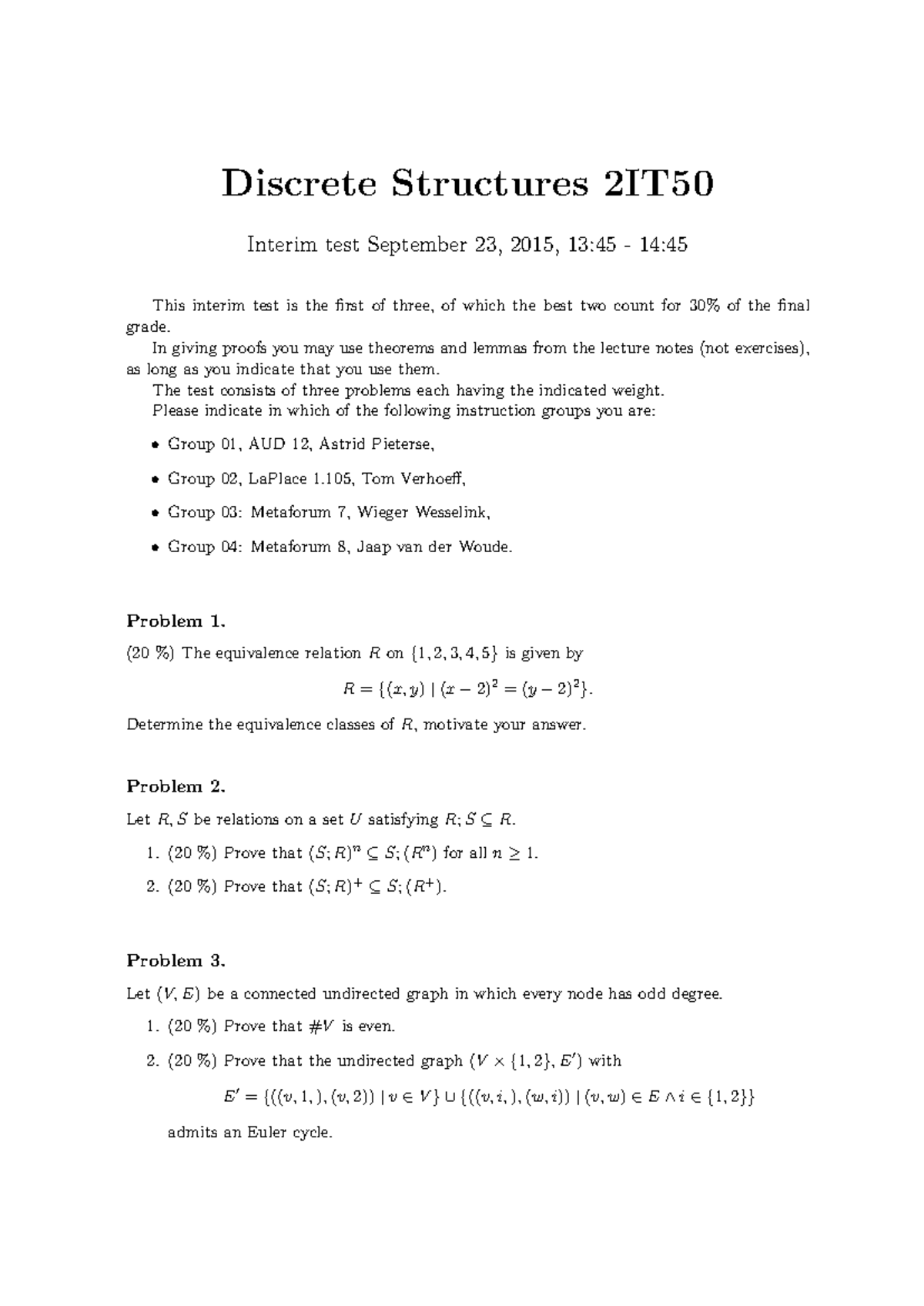 Interim Test 2IT50: Discrete Structures, September 23, 2015 - Studeersnel
