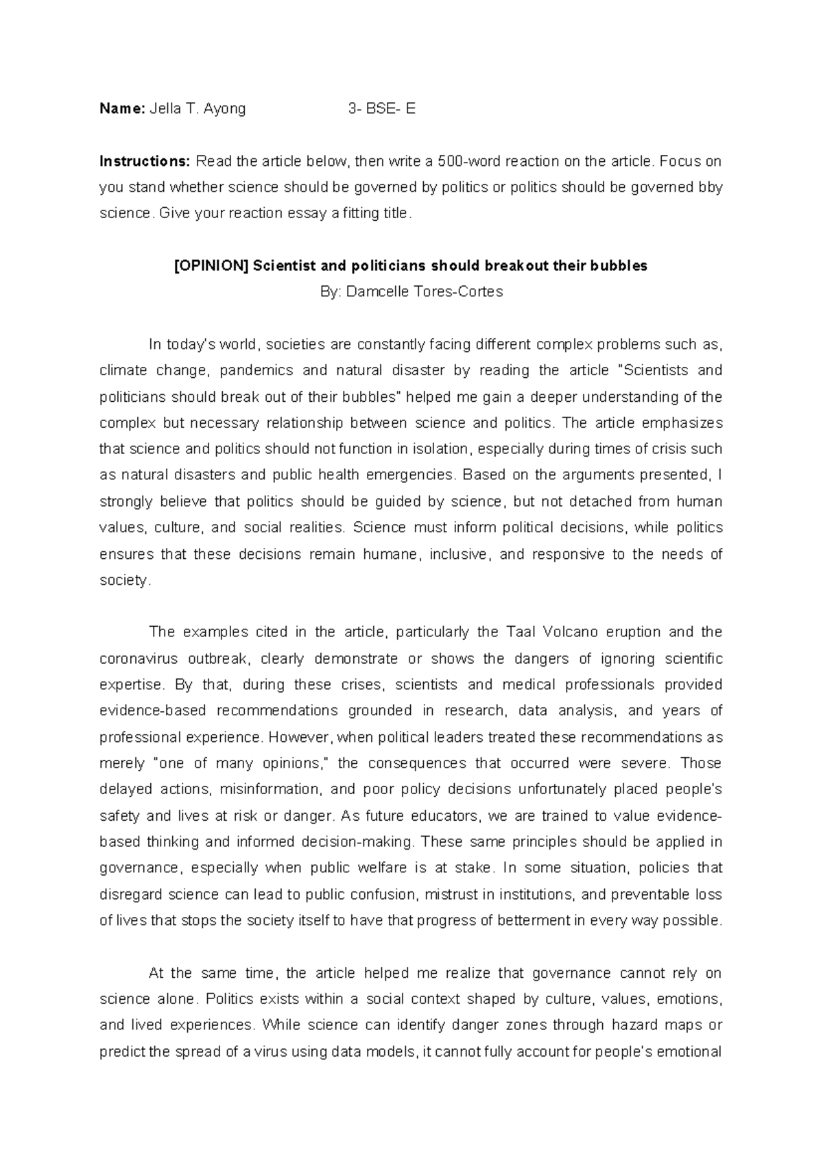 Title: Reaction Essay: The Interplay of Science and Politics in ...