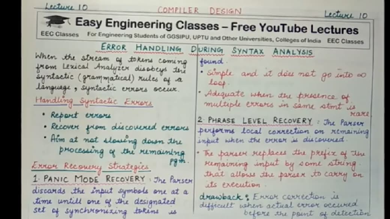 Lecture 10: Error Handling and Recovery in Compiler Design (COMPILER ...