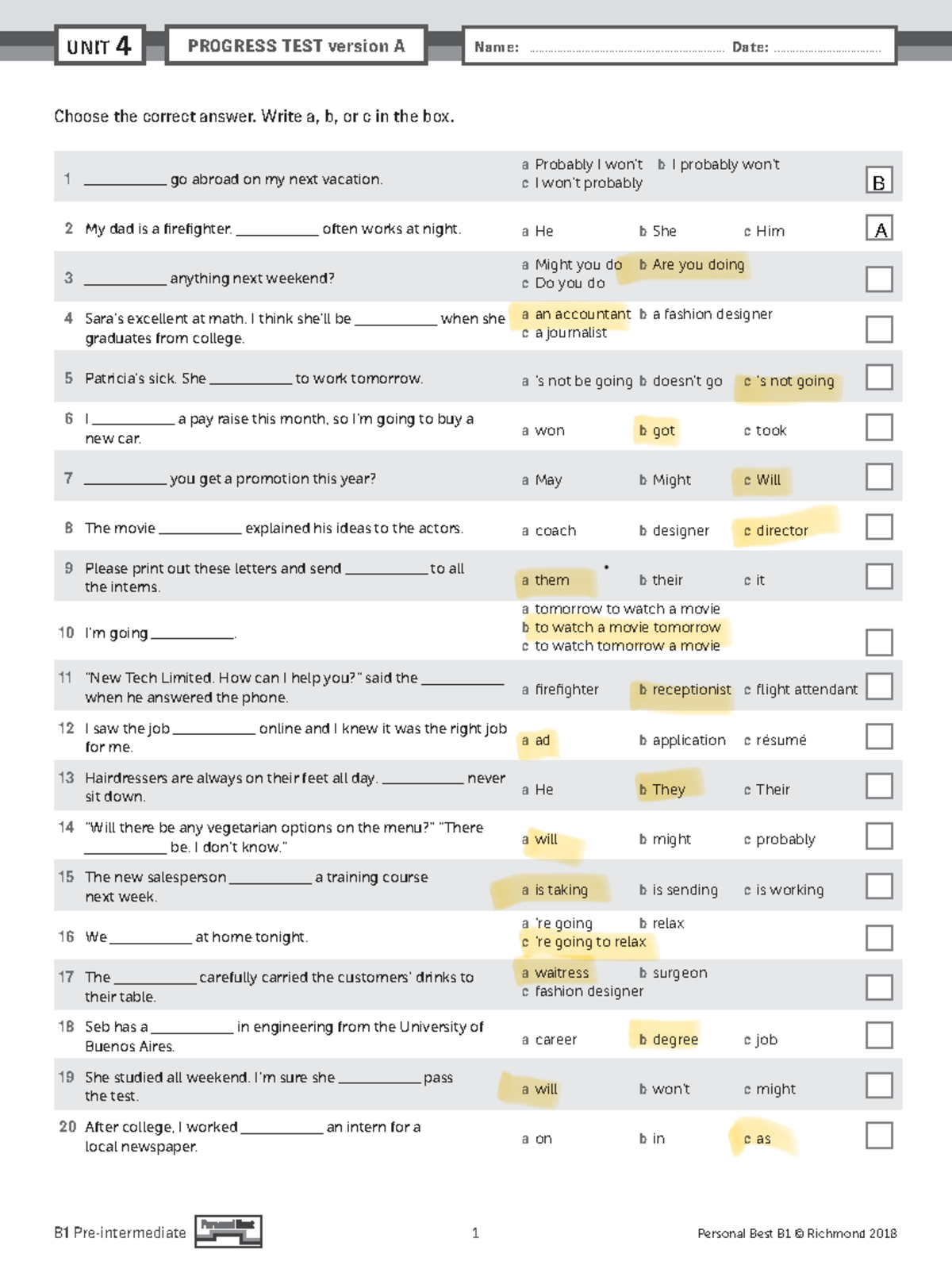 PB Am E B1 Unit Test U4: Progress Test Version A Answers - Studocu