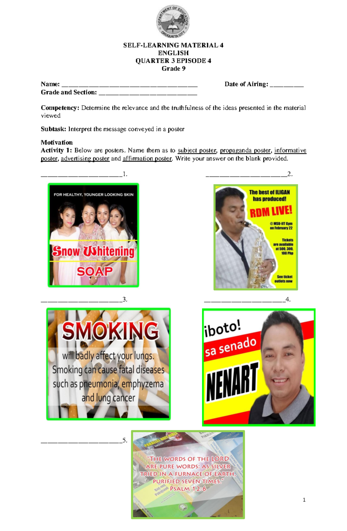 English 9 Q3 E4 - Understanding Poster Categories and Messages - Studocu