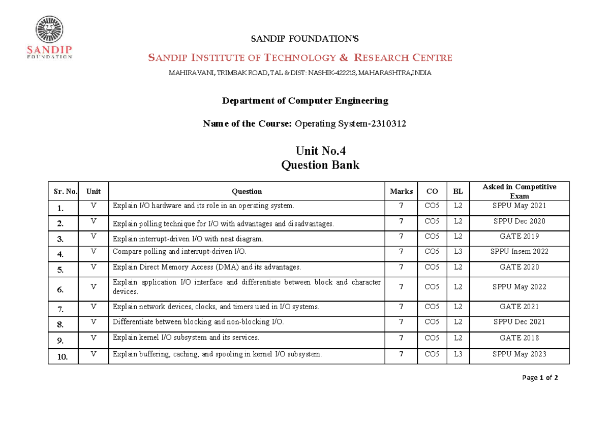 Operating Systems Unit 4 Question Bank (CO5) - SPPU & GATE - Studocu