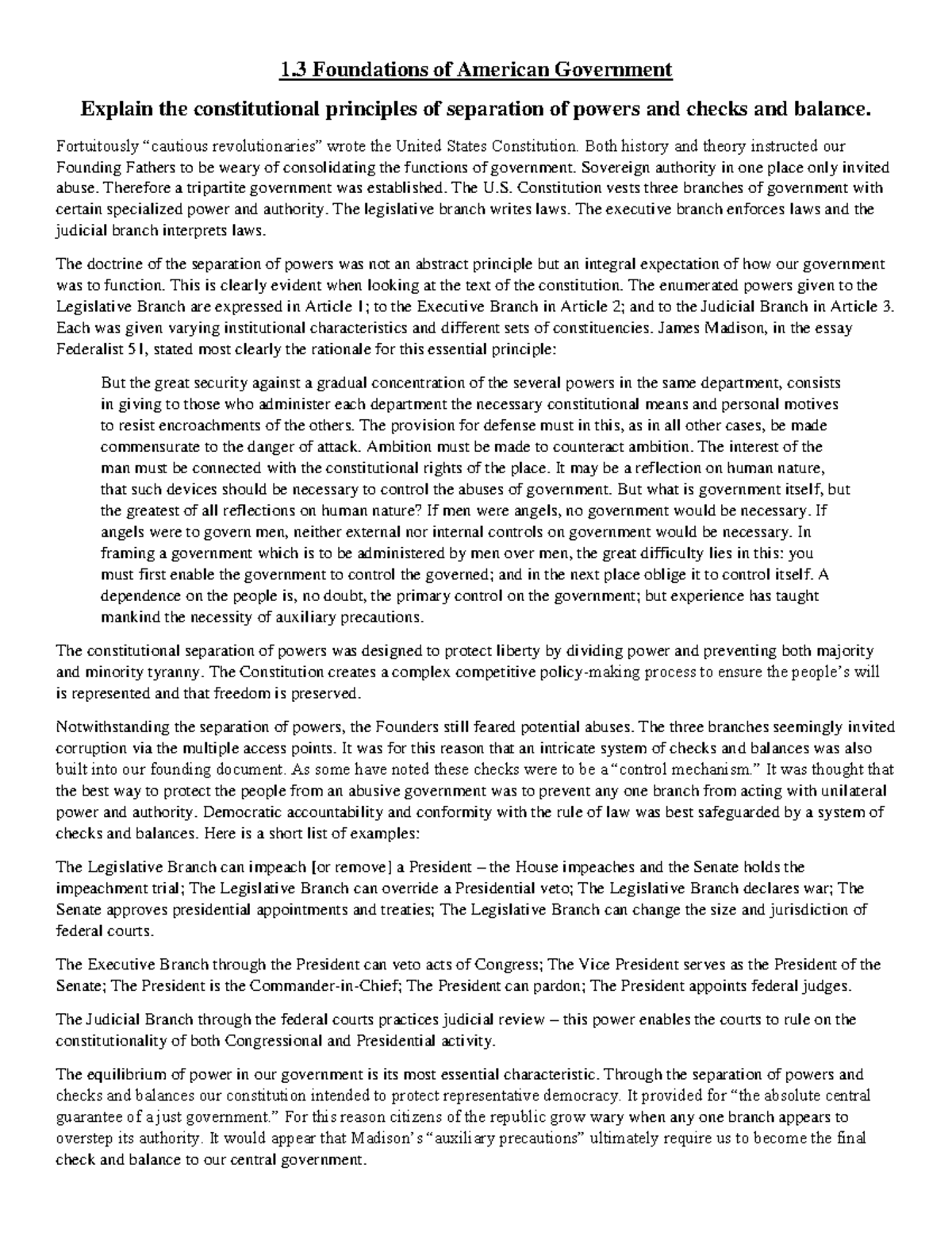 1.3 Foundations of American Government: Separation of Powers & Checks ...