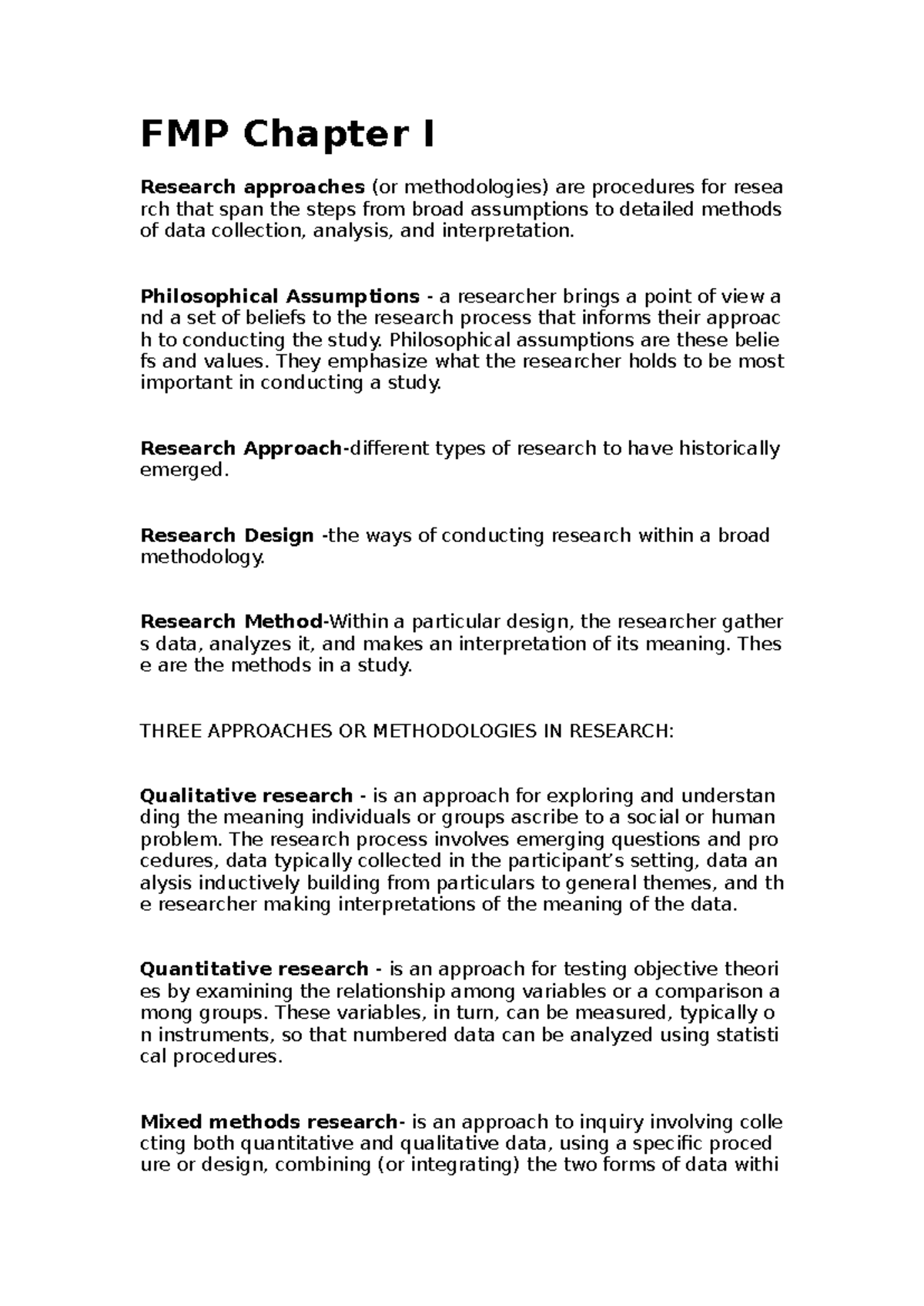 FMP Chapter I: Research Methodologies and Approaches Explained - Studocu