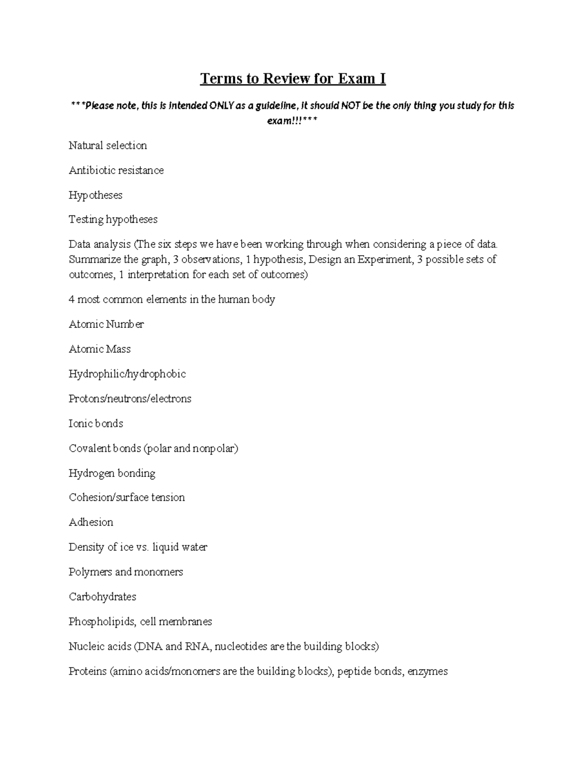 Biology Study Guide: Key Terms for Exam I Review - Studocu