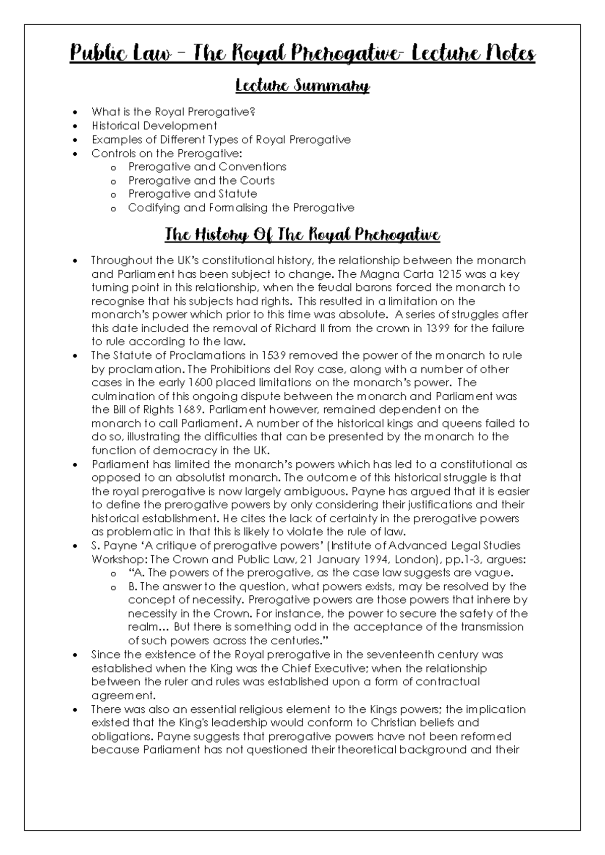 Public Law: Lecture Notes on The Royal Prerogative - Studocu