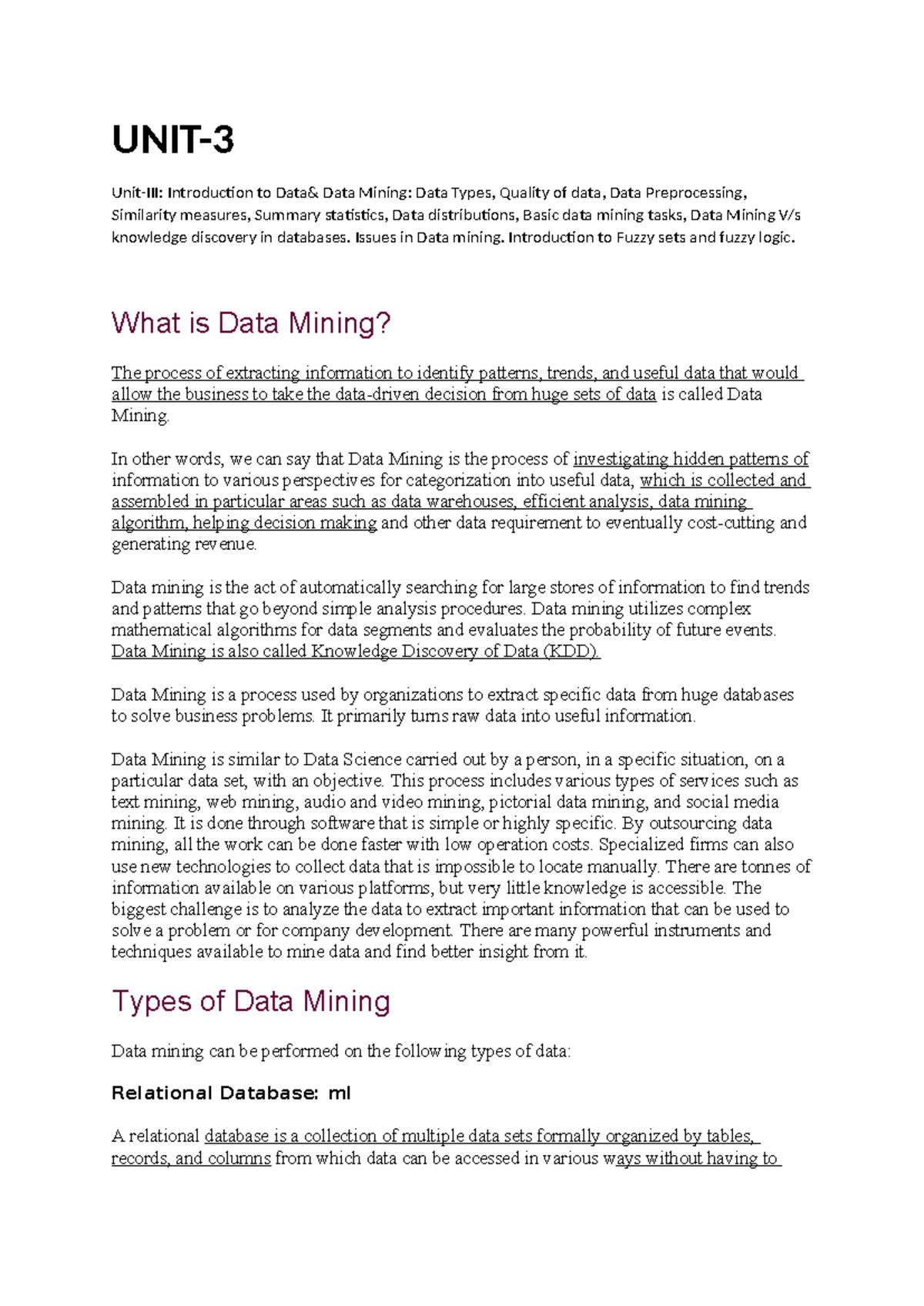 DM&DW U-3 - Comprehensive Data Mining Notes: Types, Quality, and ...