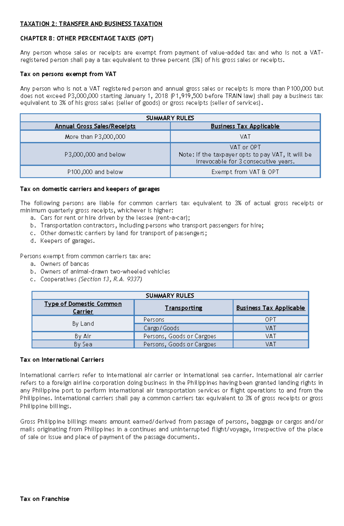 Chapter 8: Overview of Other Percentage Taxes (OPT) in Taxation 2 - Studocu