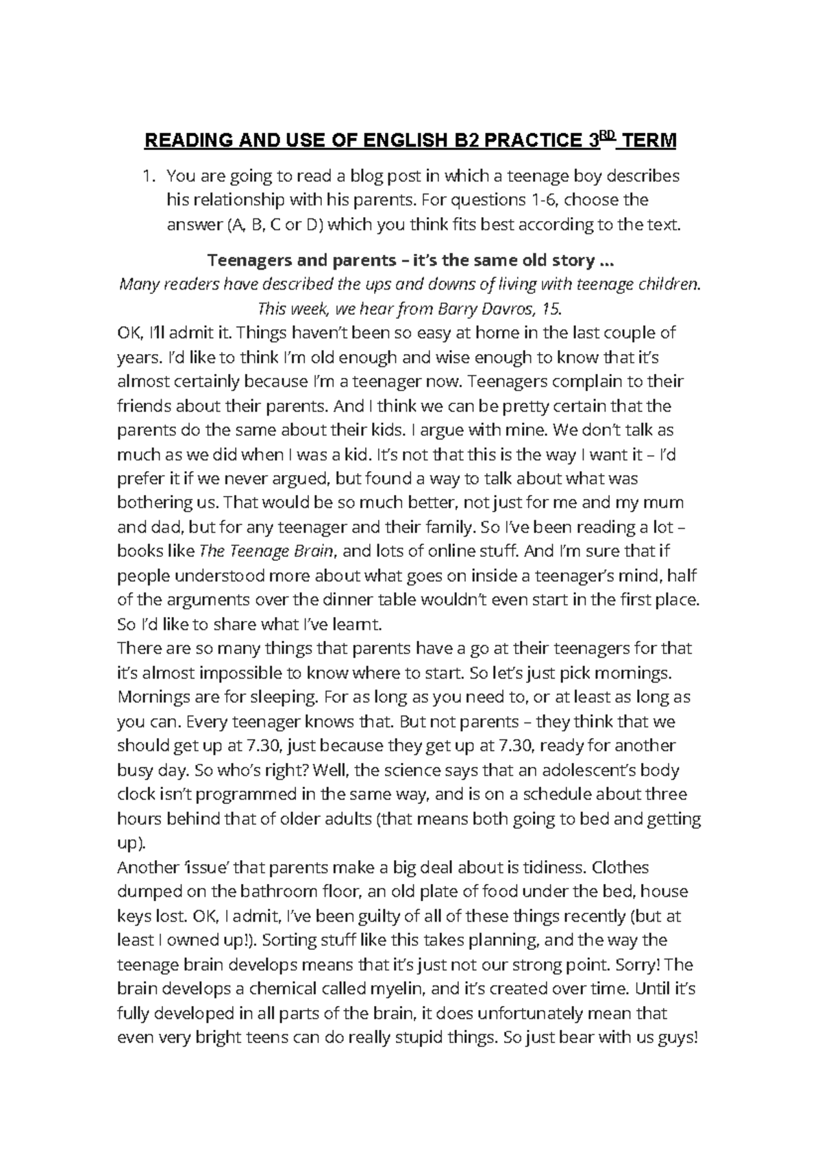 reading and use of english b2