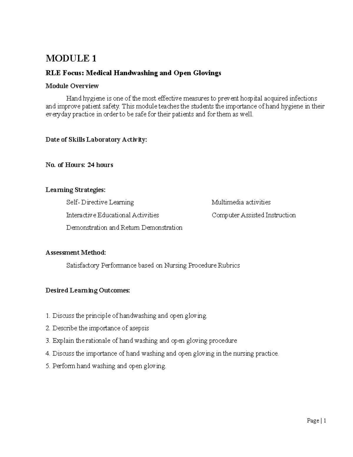 Funda Module 1: Medical Handwashing & Open Gloving Procedures - Studocu