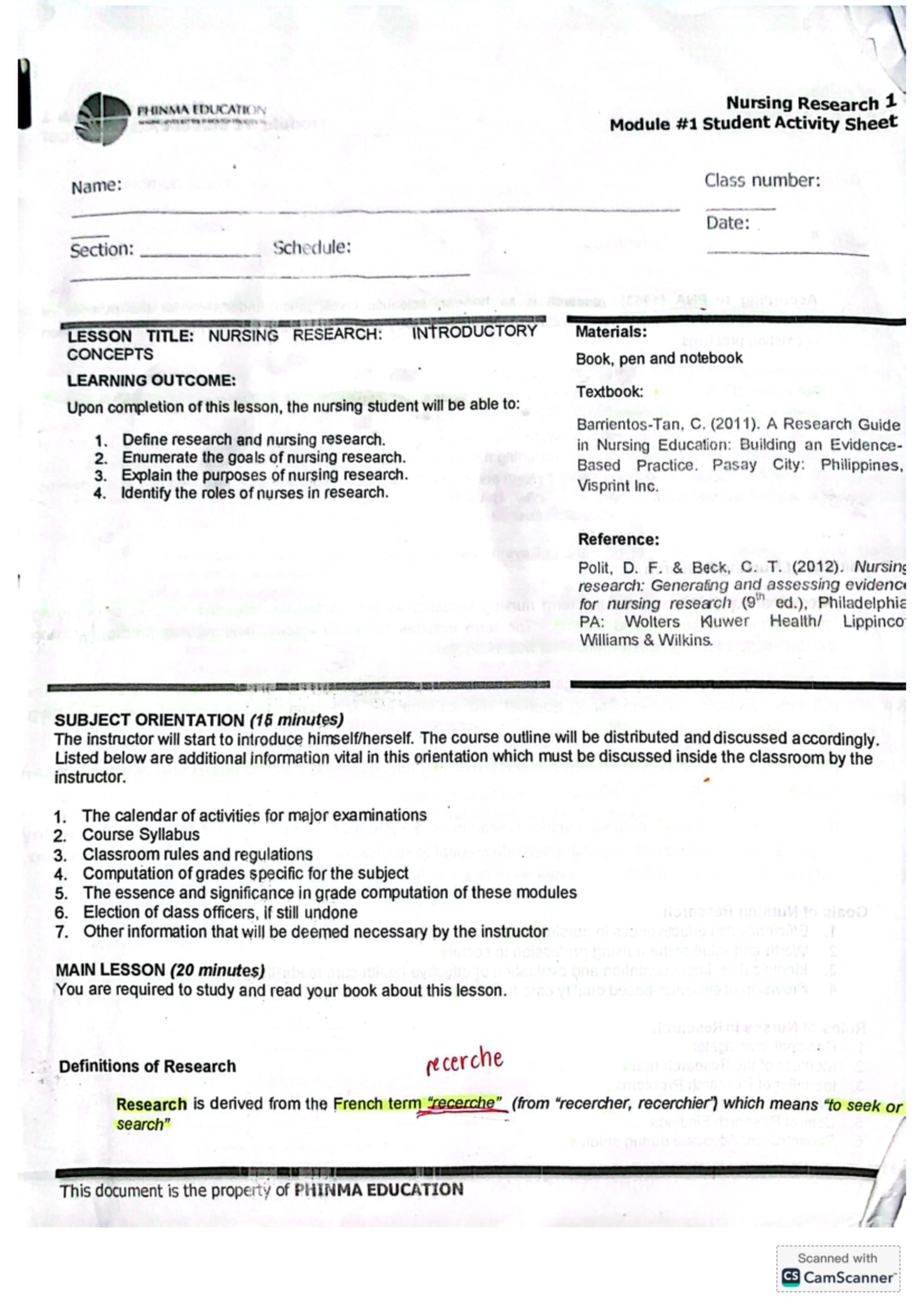 PHINMA EDUCATION Nursing Research 1 Module Student Activity Sheet - Studocu