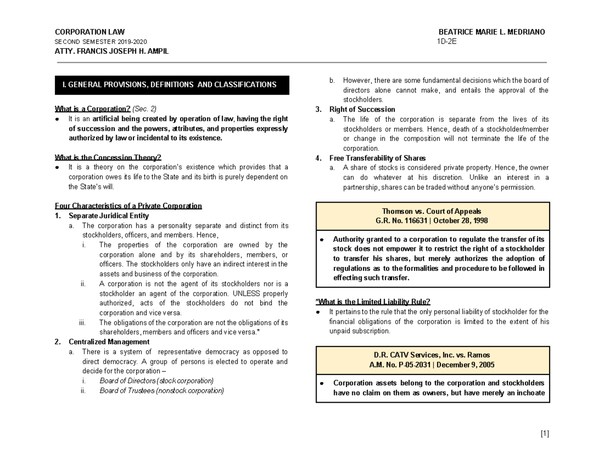 CORPORATION LAW 2ND SEMESTER REVIEWER BY ATTY. AMPIL & MEDRIANO - Studocu
