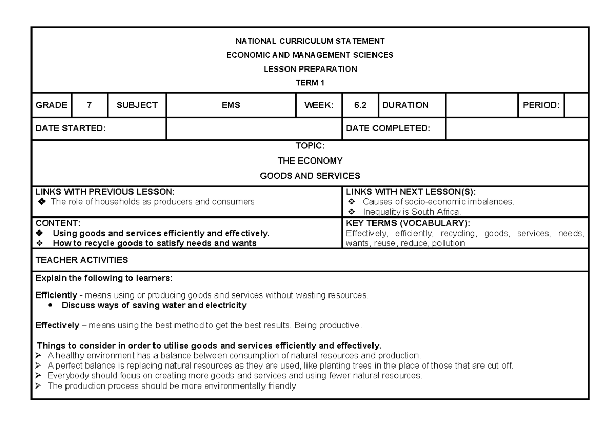 NATIONAL CURRICULUM EMS GRADE 7 TERM 1 LESSON PLAN: GOODS & SERVICES ...