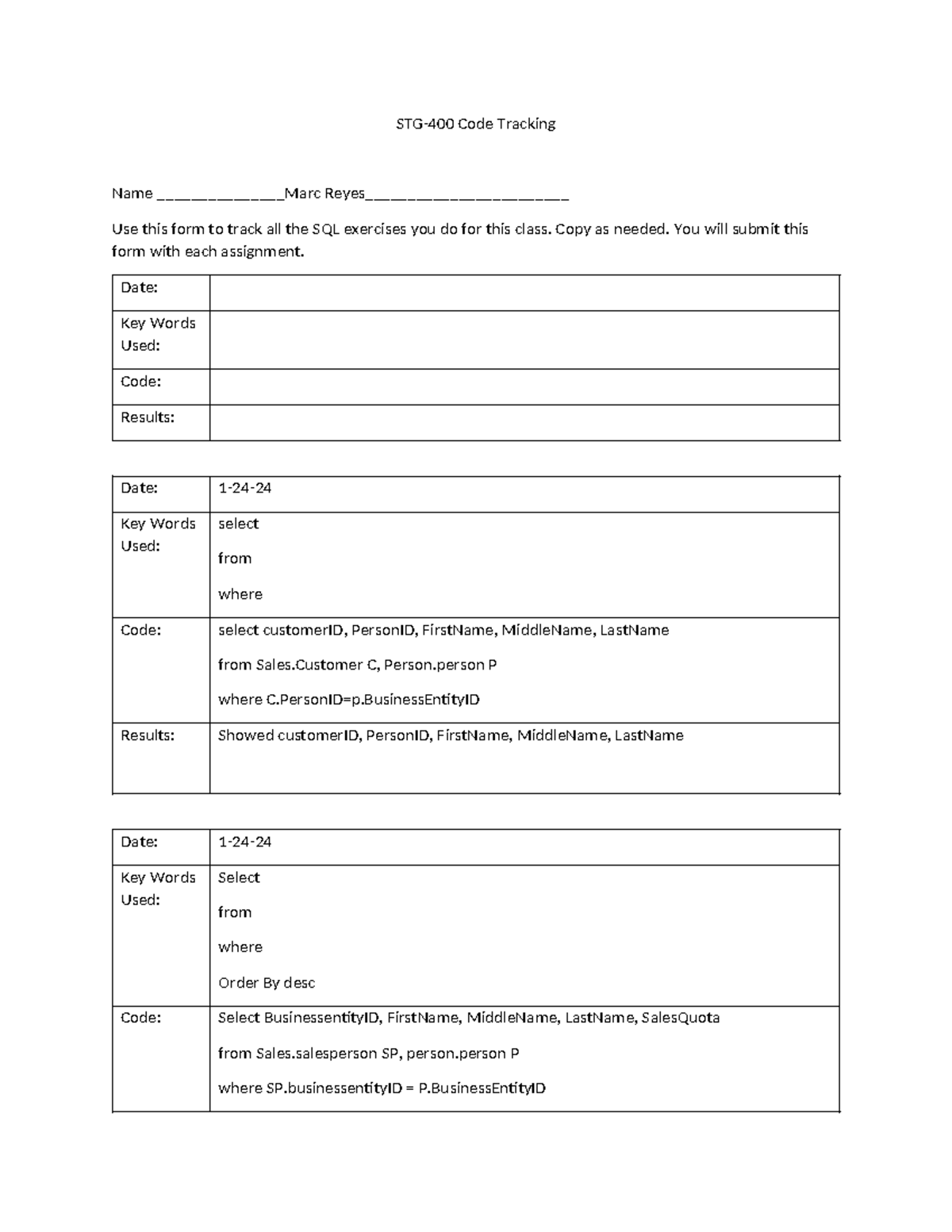 SYM-400 Code Tracking Form for SQL Exercises Sessions 1-4 - Studocu