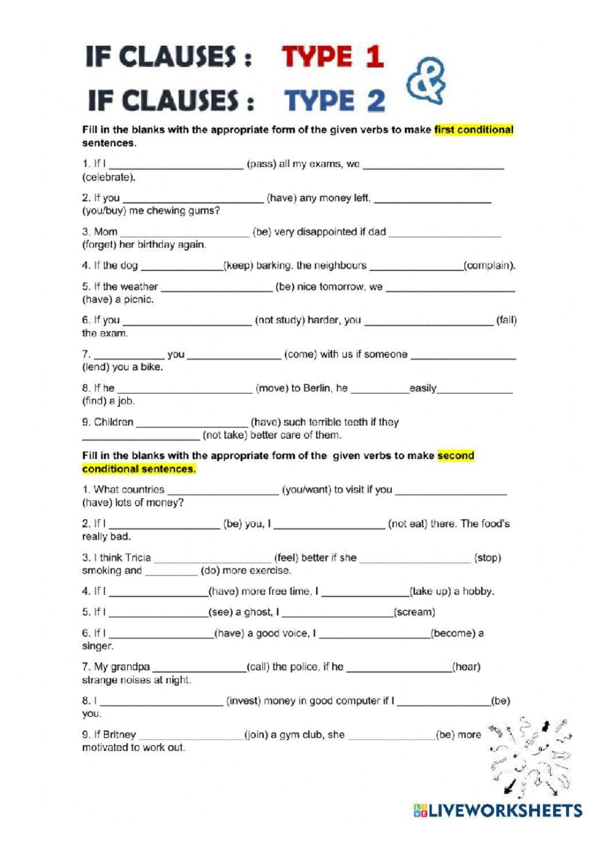 IF CLAUSES: TYPE 1 & TYPE 2 - Fill in the Blanks Worksheet - Studocu