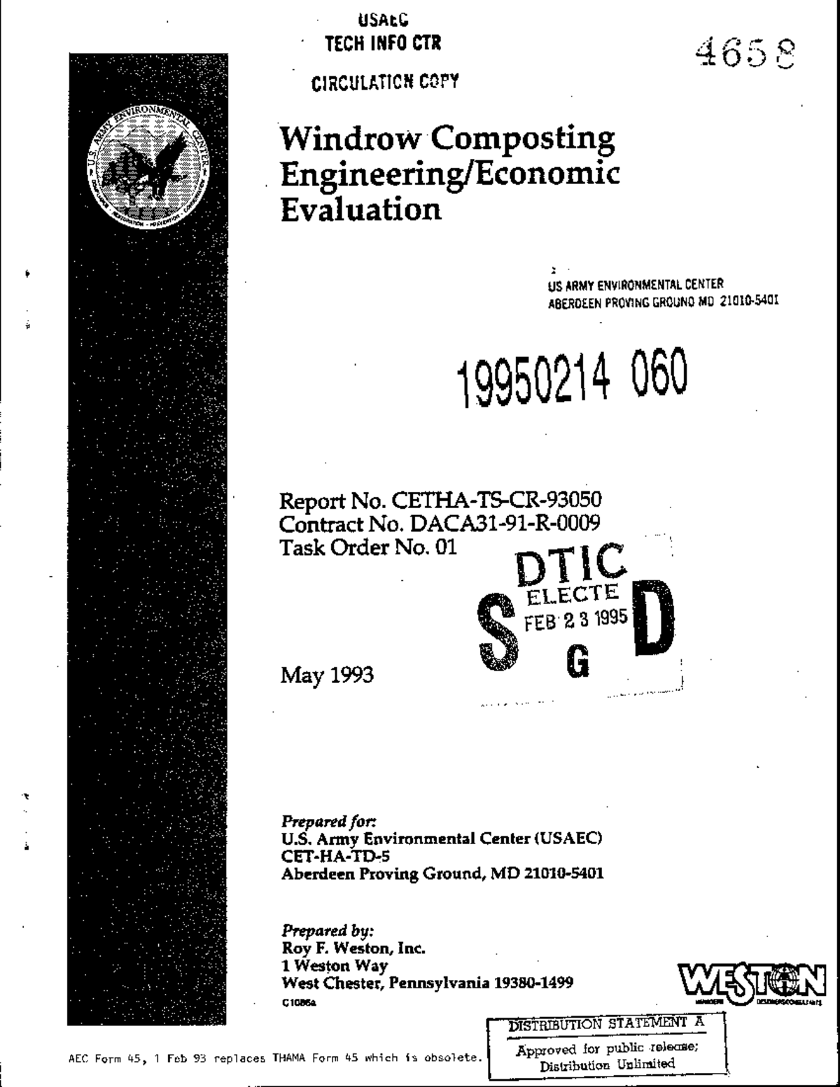USAtC TECH INFO CTR CIRCULATION COPY: Windrow Composting Evaluation ...