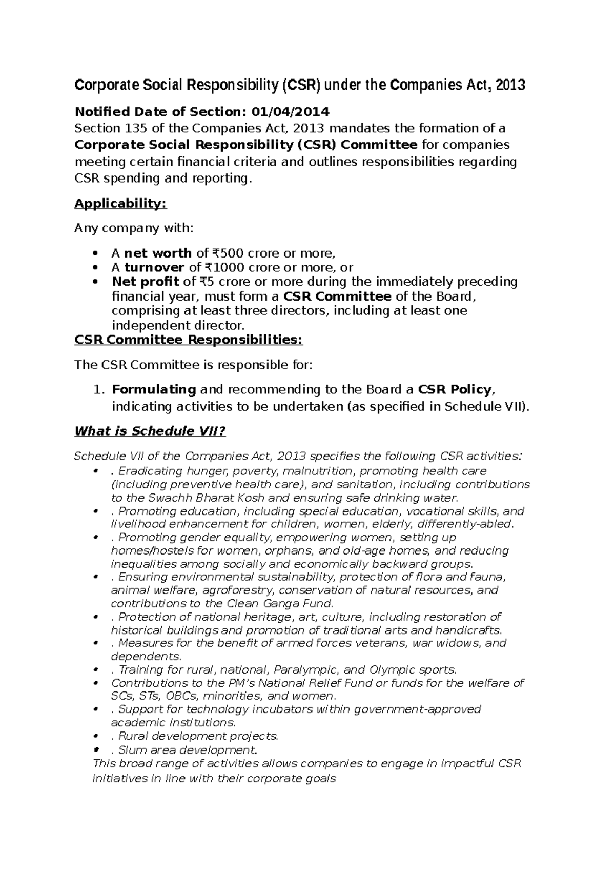 EPL - Acts and Policies - Corporate Social Responsibility (CSR) under ...