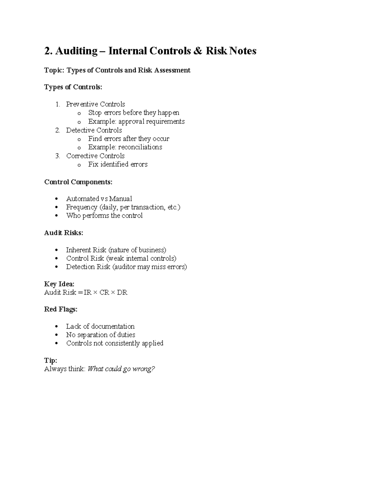 Auditing Internal Controls Risk Notes - ACCT 2 - Studocu