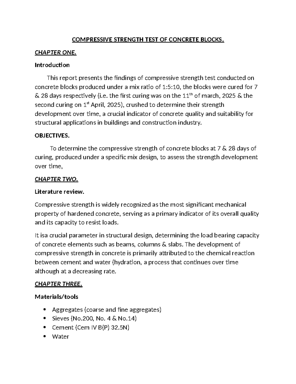 Compressive Strength Test of Concrete Blocks: Materials Report (CIV 101 ...