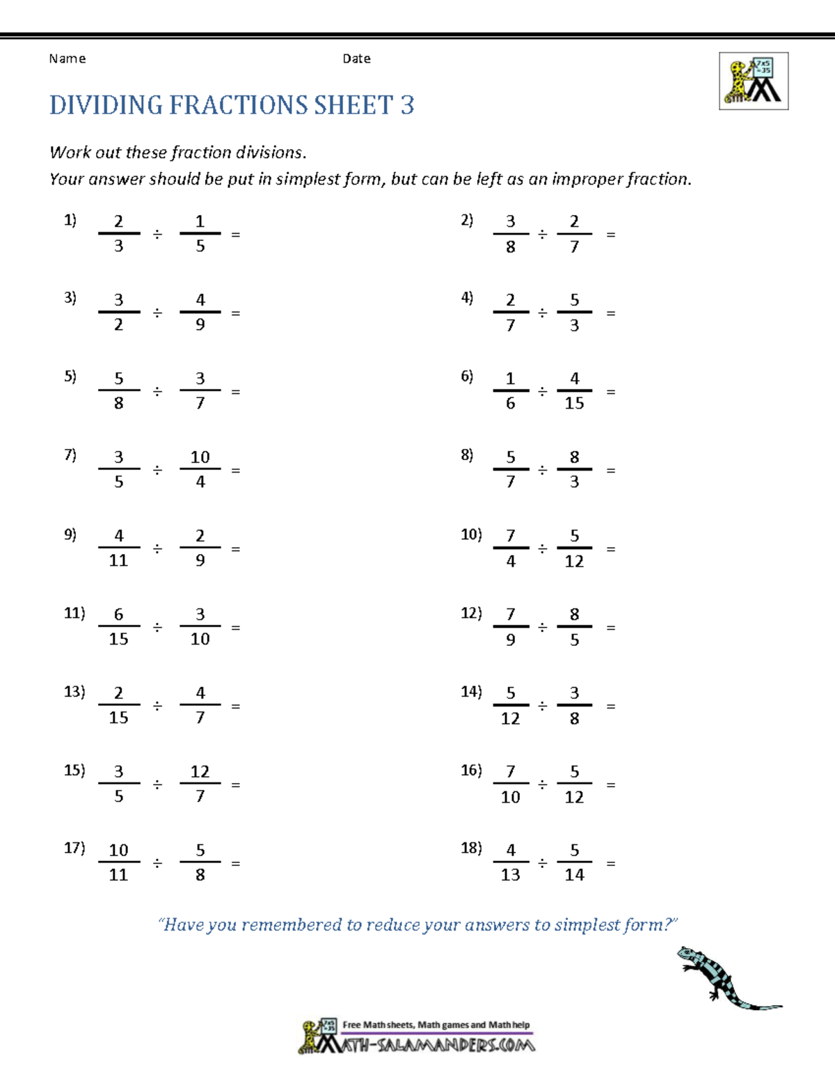 Dividing Fractions Sheet 3 - Simplifying Improper Answers - Studocu