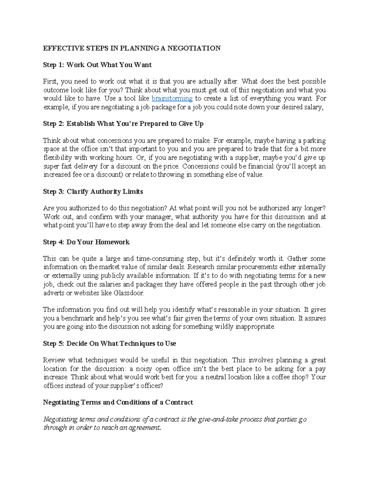 Effective Steps in Planning a Negotiation: A Comprehensive Guide - Studocu