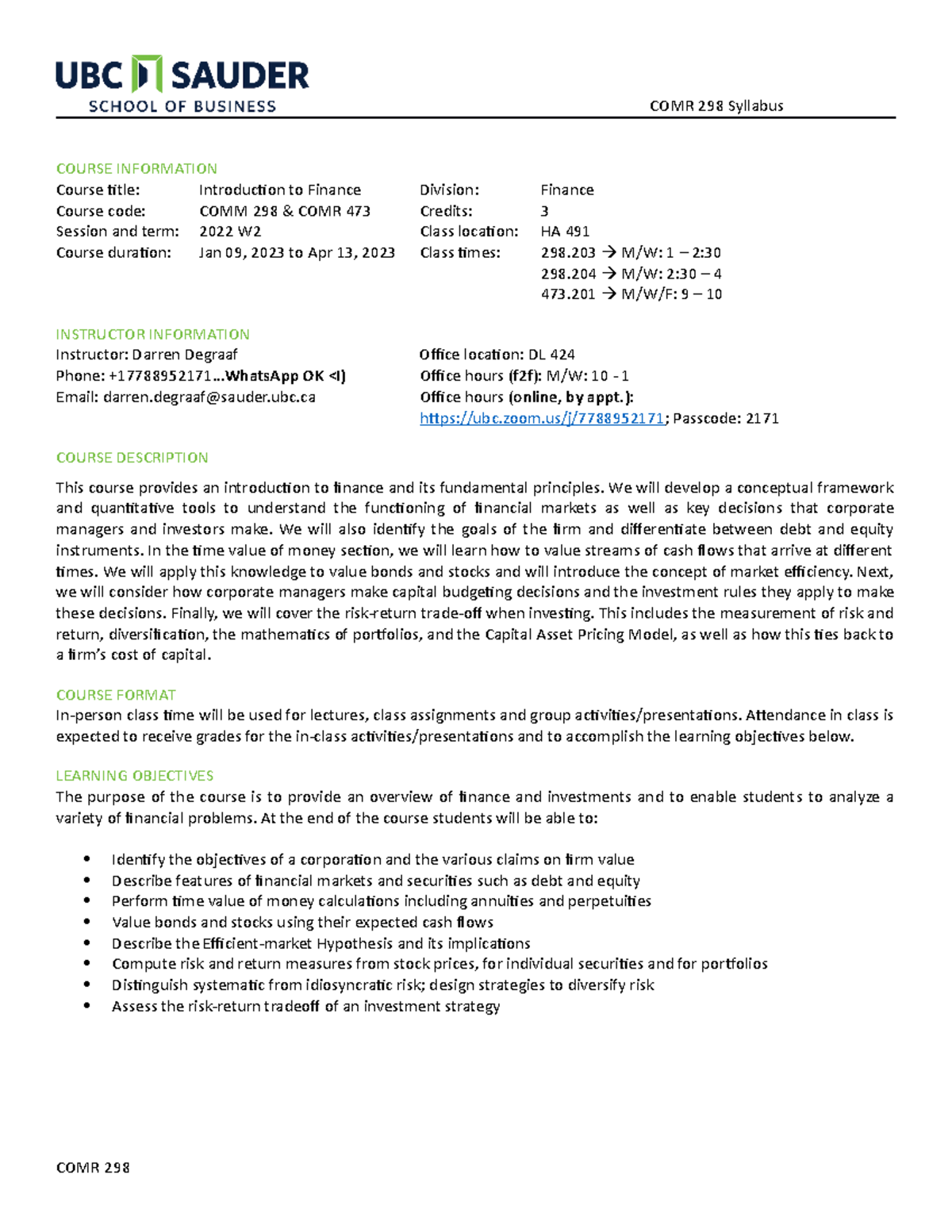 COMR298.473 2022W2 Finance Course Syllabus and Assessment Guide - Studocu