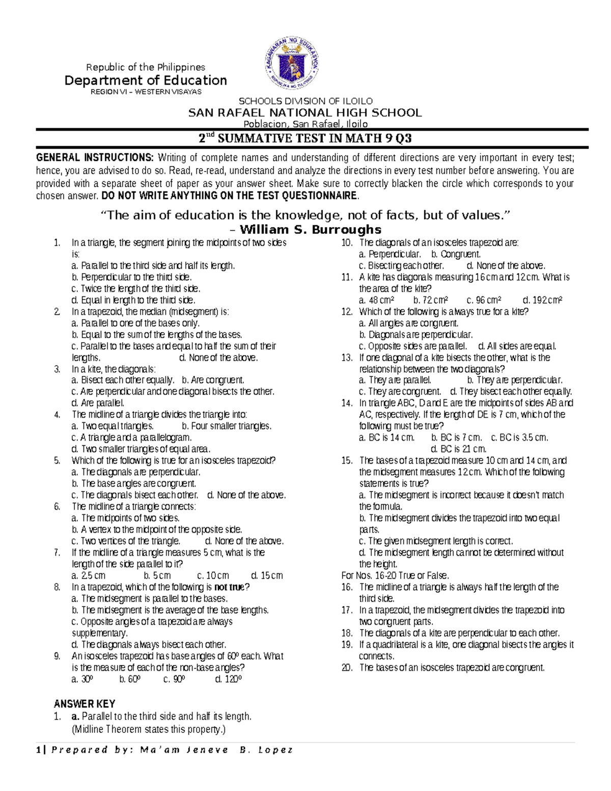 MATH 9 2nd Summative Test Q3: Key Concepts and Solutions - Studocu