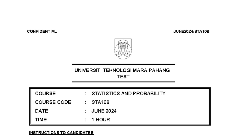 SET 1 TEST Questions for STA108: Statistics & Probability - Studocu