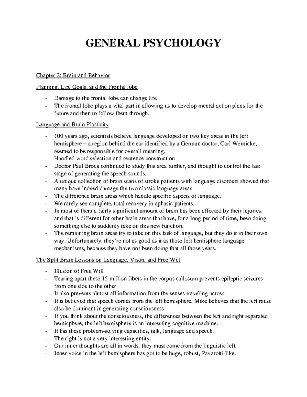General Psychology Notes 1: Brain and Behavior (Chapter 2) - Studocu