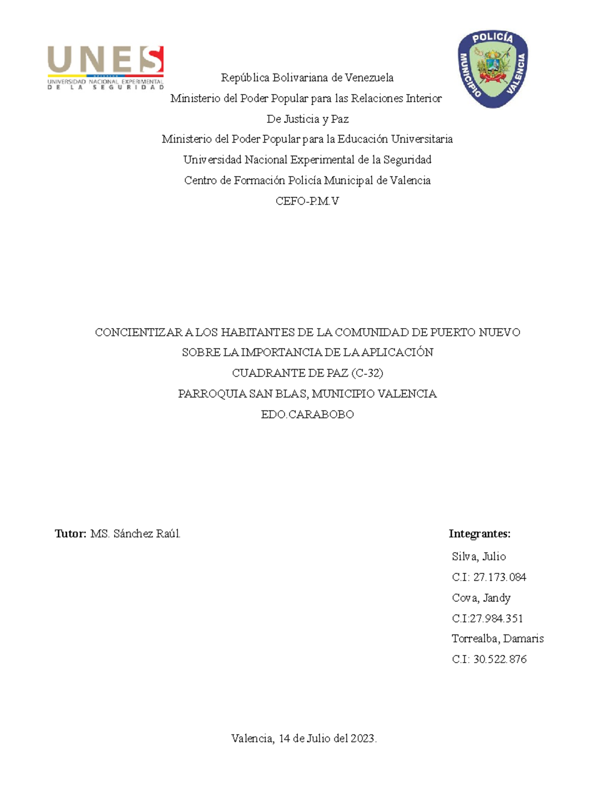 Proyecto Socio Integrador: Aplicación del Cuadrante de Paz C-32 en Puerto Nuevo - Document Preview
