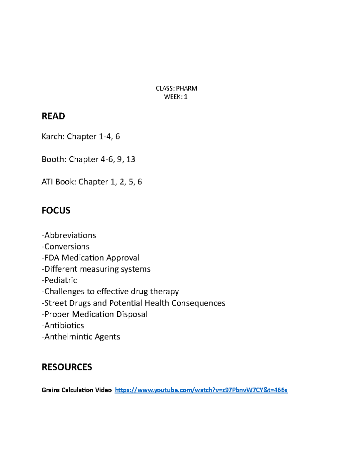 Pharm week 1 review - notes - CLASS: PHARM WEEK: 1 READ Karch: Chapter ...