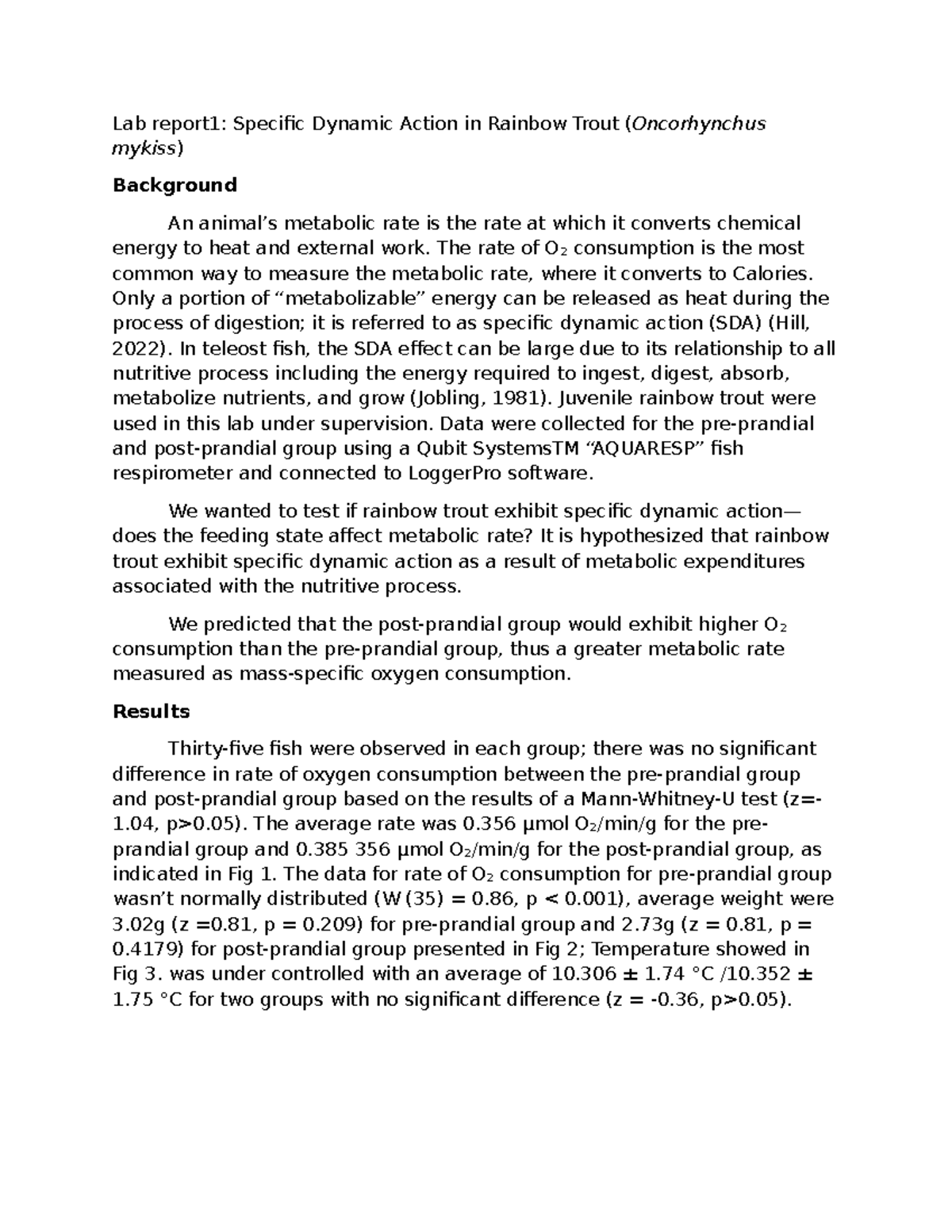 CAP Lab1 Final - Specific Dynamic Action in Rainbow Trout - Studocu