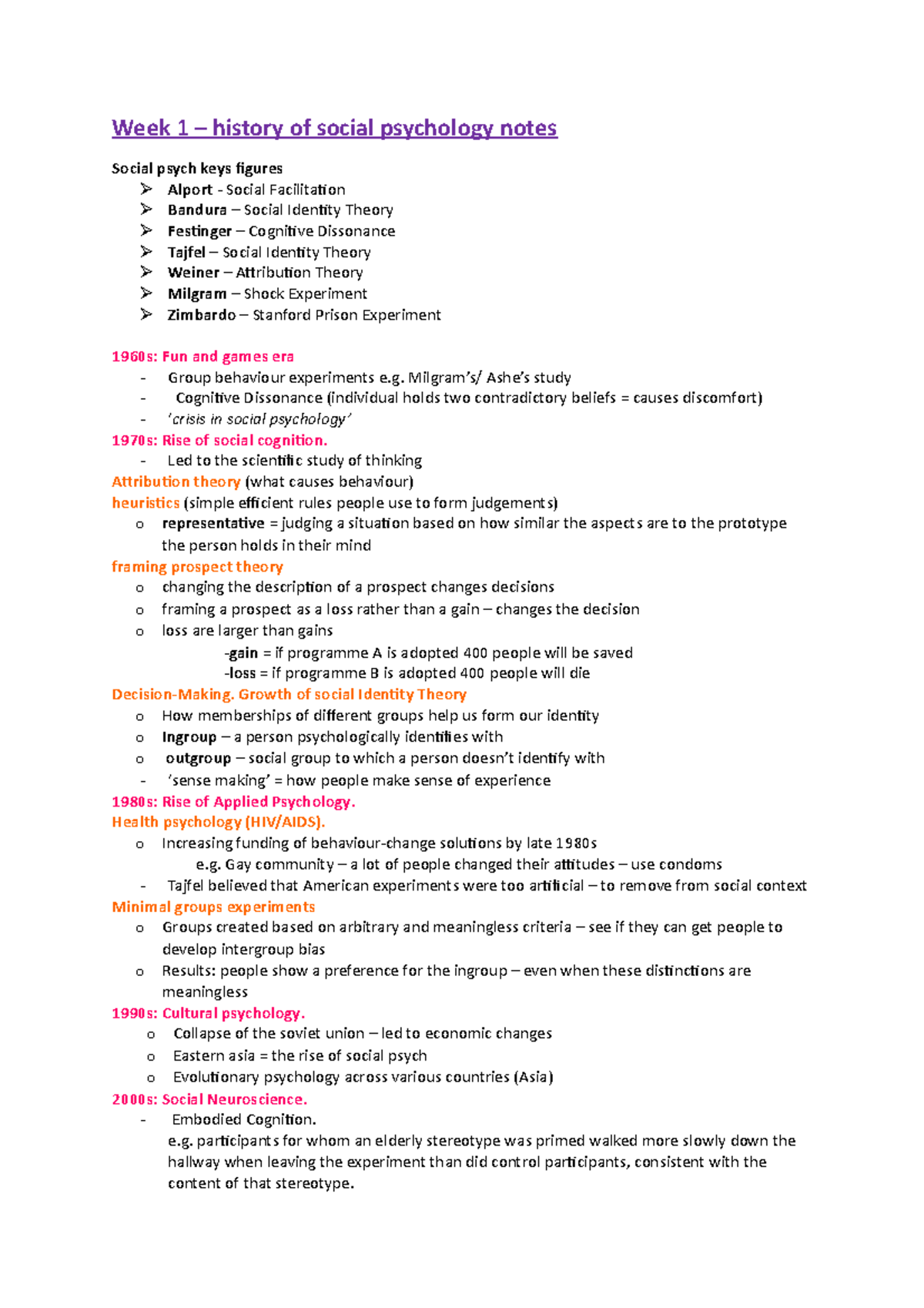 Lecture 1 - history of social psych notes - Week 1 – history of social ...
