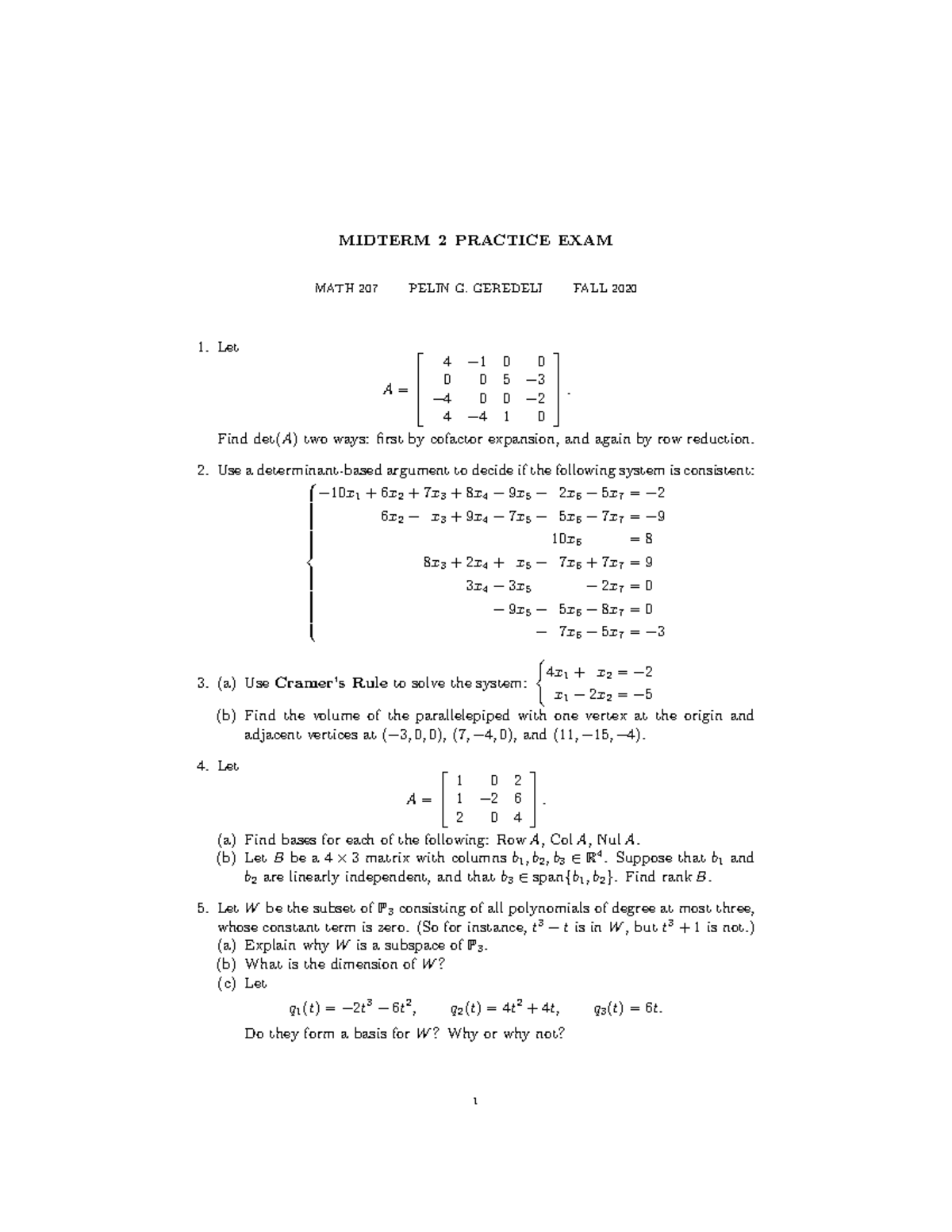 Math207 - Midterm 2 Practice Exam Questions and Solutions - Studocu
