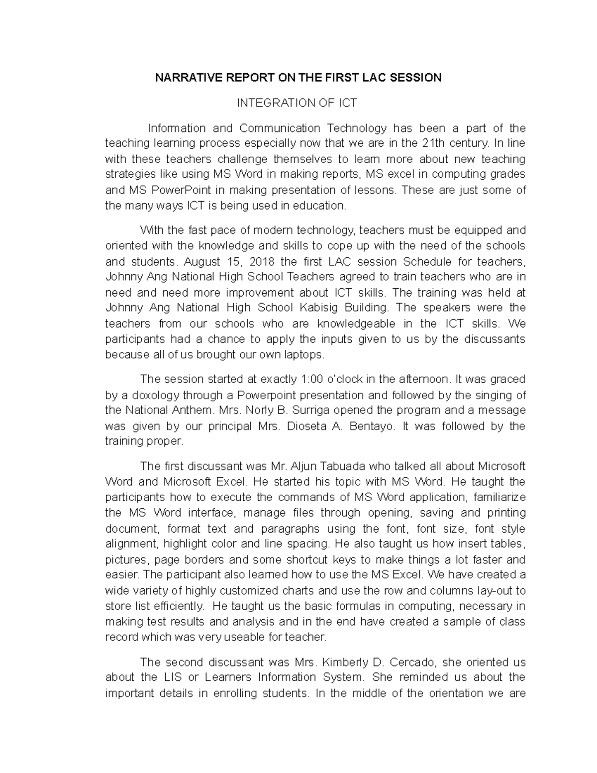 Narrative Report on the First LAC Session - ICT Integration Training ...