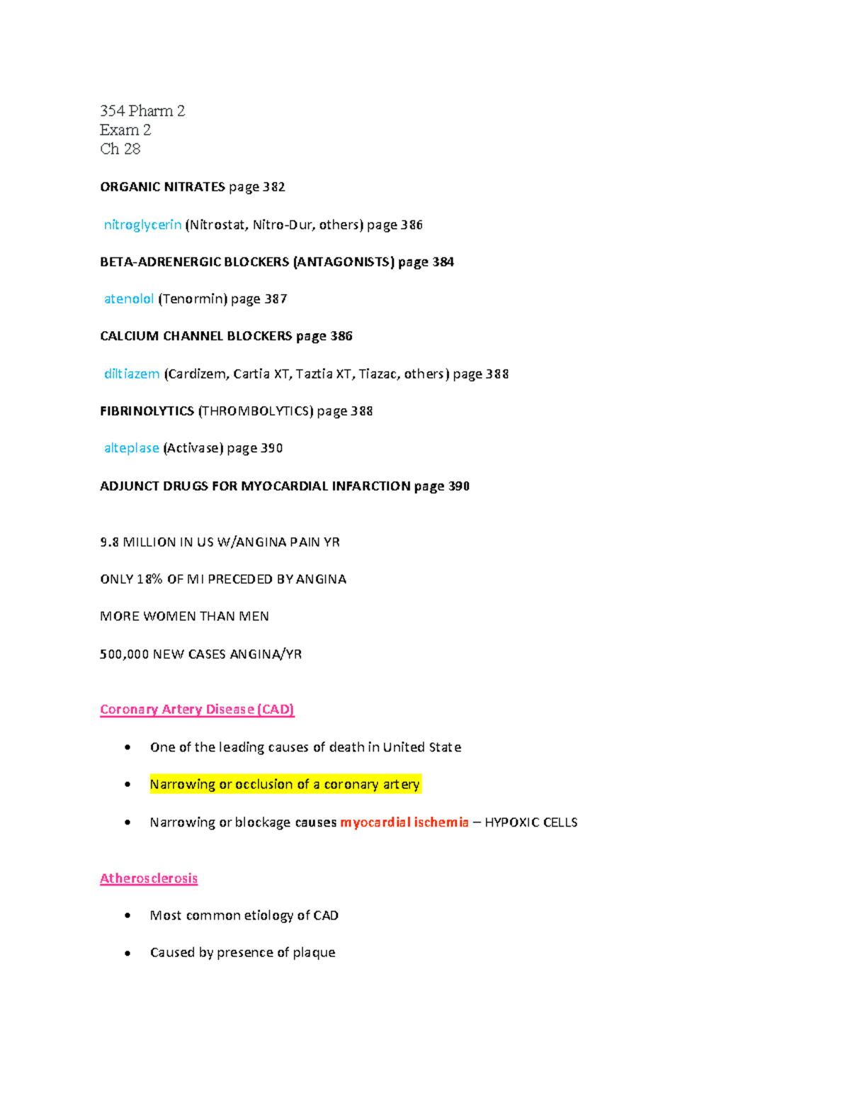 354 Pharm 2 Exam 2 Notes on Angina and Cardiac Drugs - Studocu