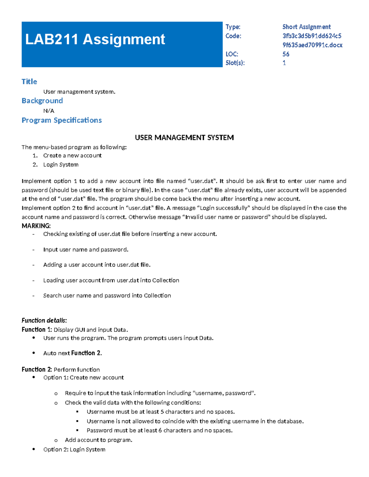 LAB211 Short Assignment: User Management System Implementation - Studocu