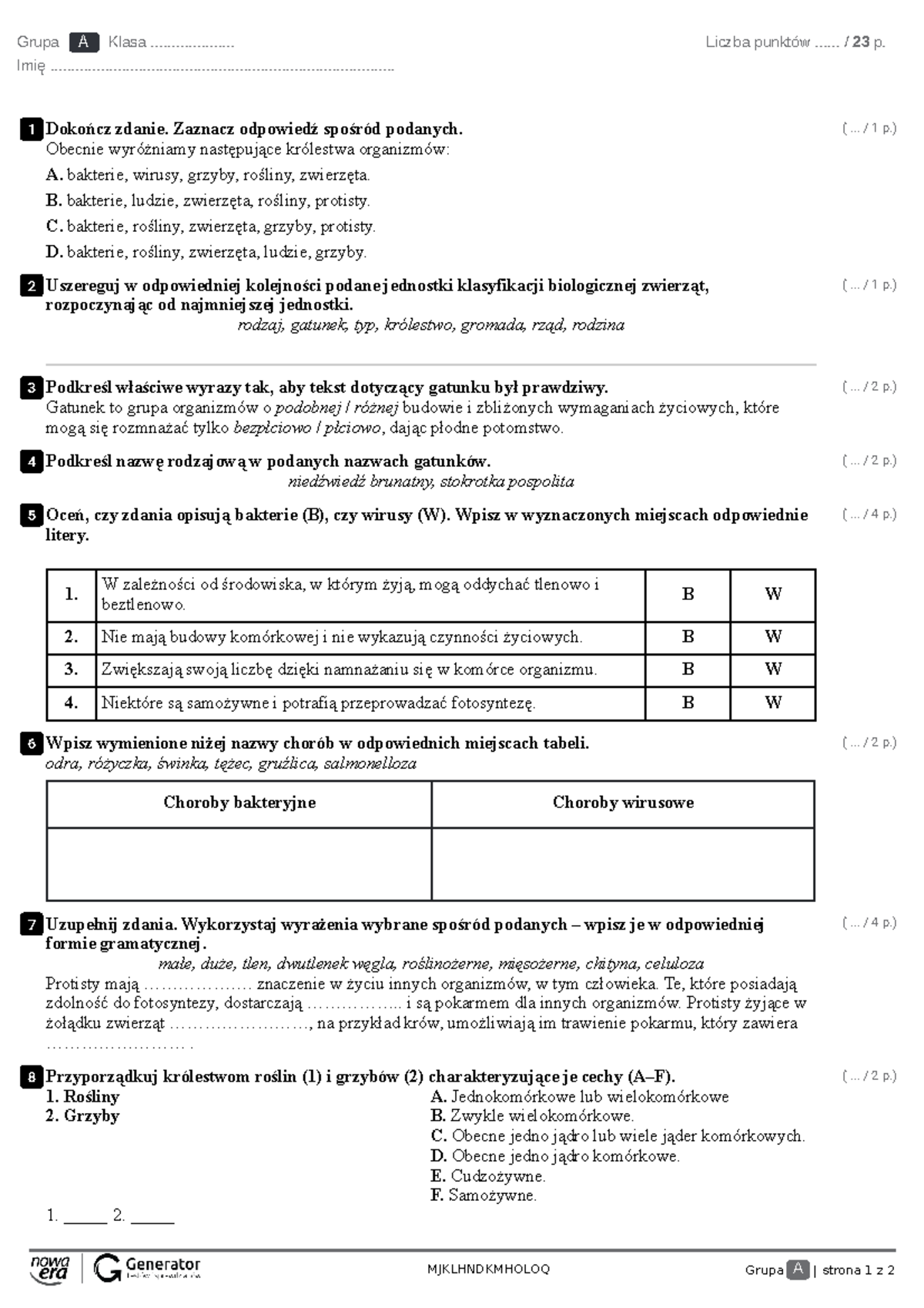 Test III: Wirusy, Bakterie, Protisty i Grzyby - Klasa A (z punktacją
